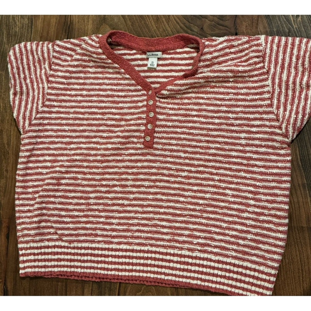 L.L. Bean Ivory Red Brick 100% Cotton Slub  Henley Short Sleeves Sweater Size XL